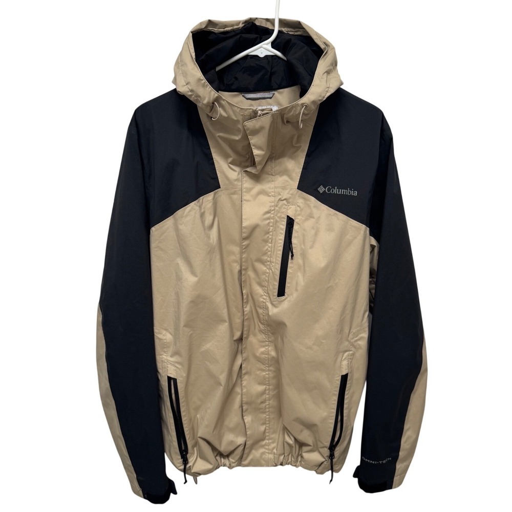 Columbia Omni-Tech Rain Jacket Mens Medium Tan Black Waterproof Shell Hood